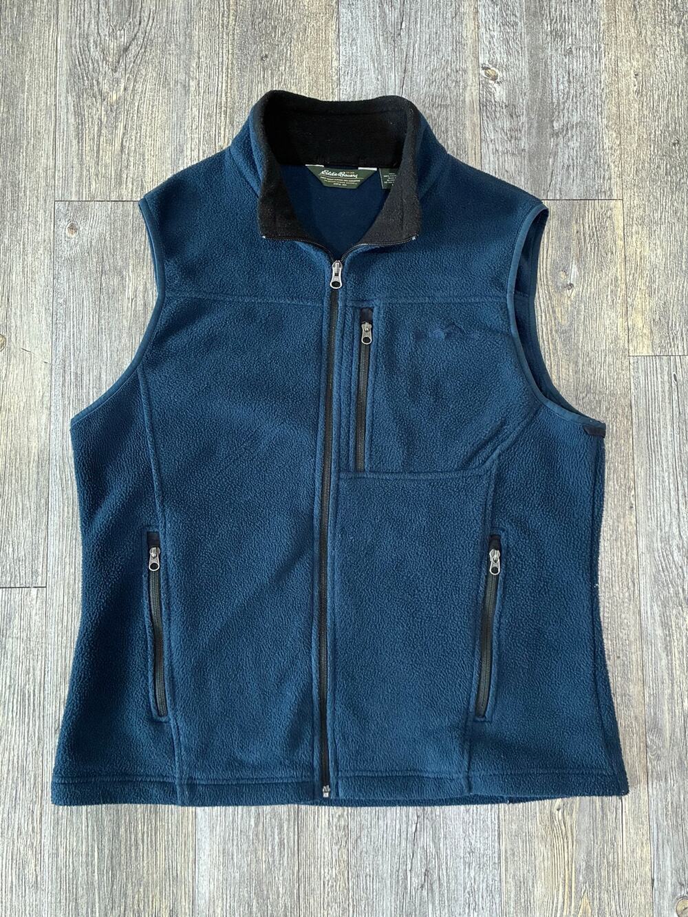 VTG Eddie Bauer Full Zip Fleece Vest Mens Medium Navy Blue Sleeveless Pockets